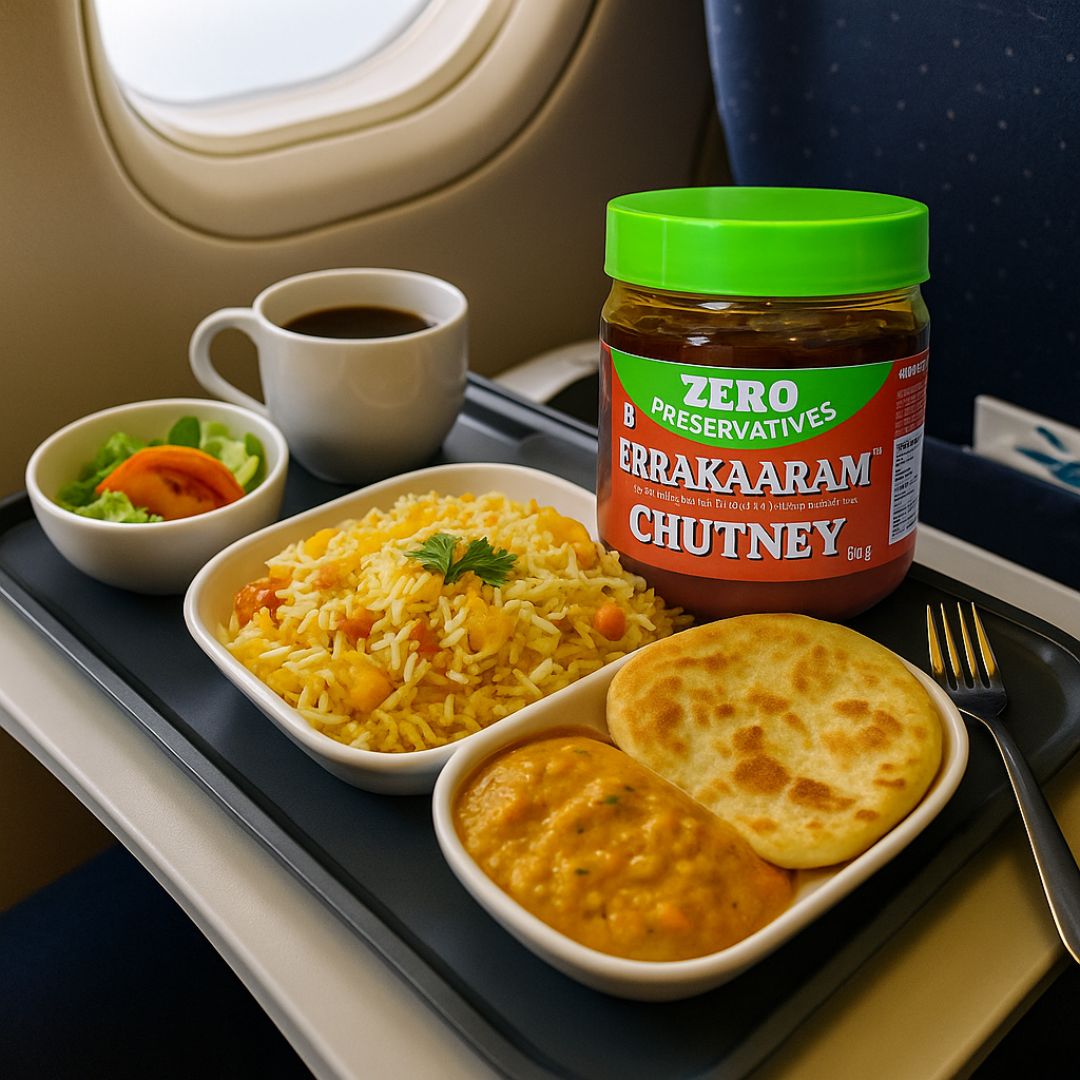 Errakaaram chutney on an in-flight tray