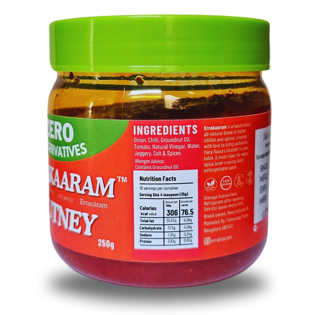 Errakaaram Fresh Spicy Indian Chutney with Zero preservatives for idli dosa paratha and Snacks – for Side Dish Spread dip stir-Fry Rice Dishes 250g thumbnail 2